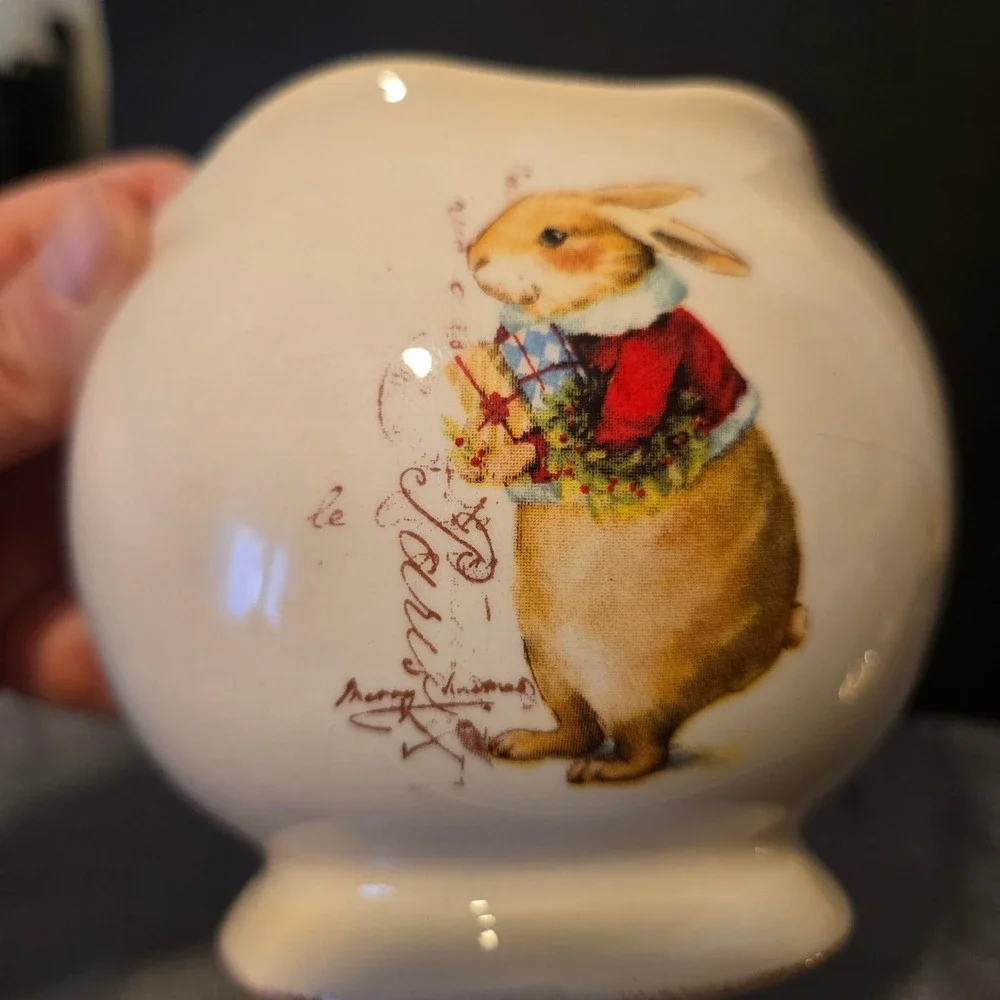Vtg Magenta Holiday Collection Cream Sugar Bowl‎ with Lid Bunny Christmas Design